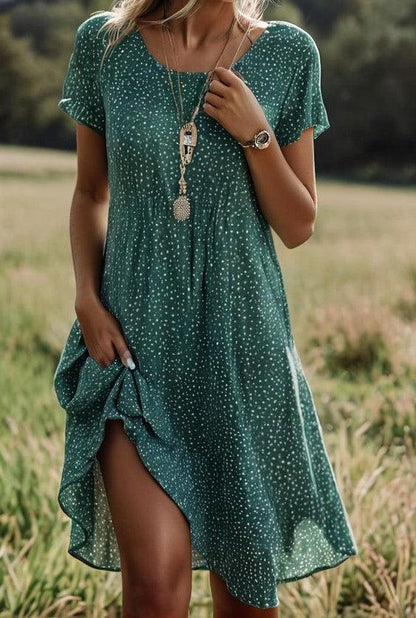 Avalon - Chic Green Midi Dress with Pea Print and Short Sleeves