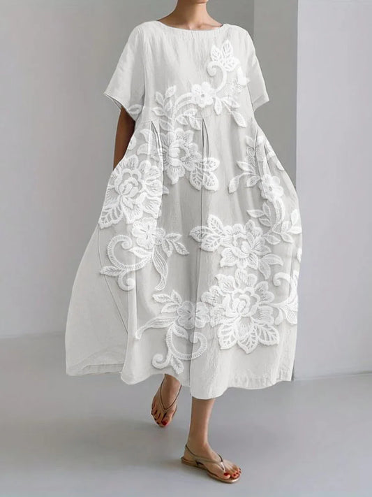 Retro Floral Lace-Trimmed Linen Maxi Dress