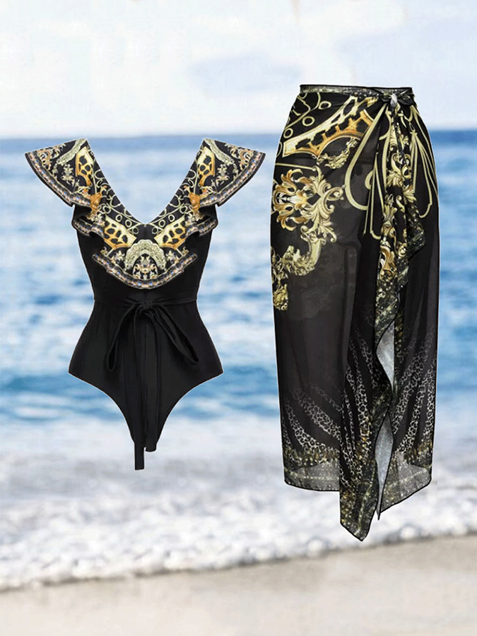 Daina - Floral Print One-Piece Swimsuit and Sarong Set