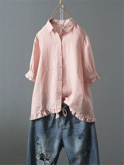 Solid Color Casual Blouses with 3/4 Sleeves and Stand Collar