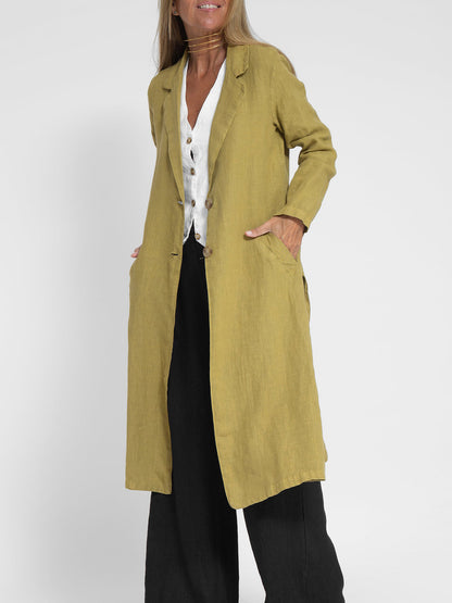 Chic Olive Green Linen Frock Coat for Women