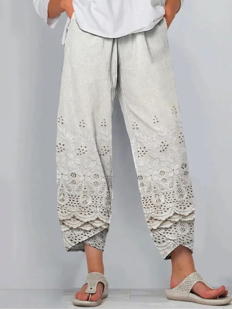 Linen Blend Cropped Pants with Cottage Floral Embroidery and Lace Trim