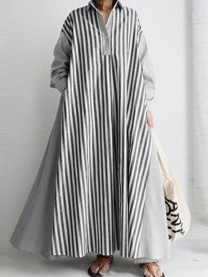 Casual Women's Striped V-Neck Long Sleeve Shirt Dress