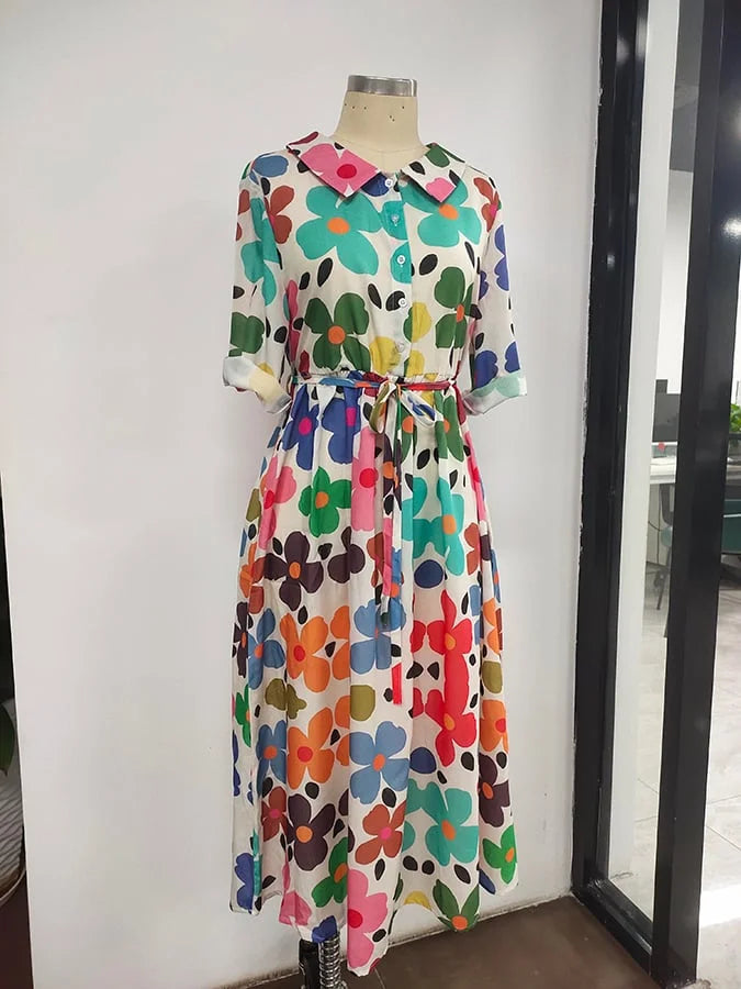 Whimsical Cartoon Floral Print Loose Tie Dress