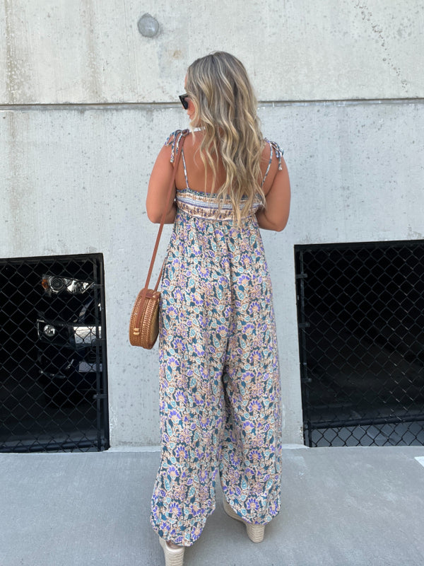 Floral Patterned Pocket Casual Jumpsuit