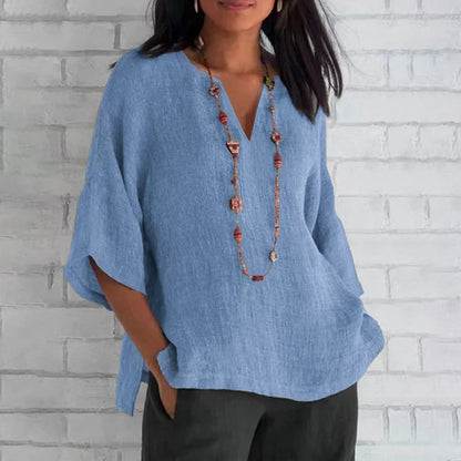 Relaxed Fit V-Neck Solid Color Cotton Linen Blouse