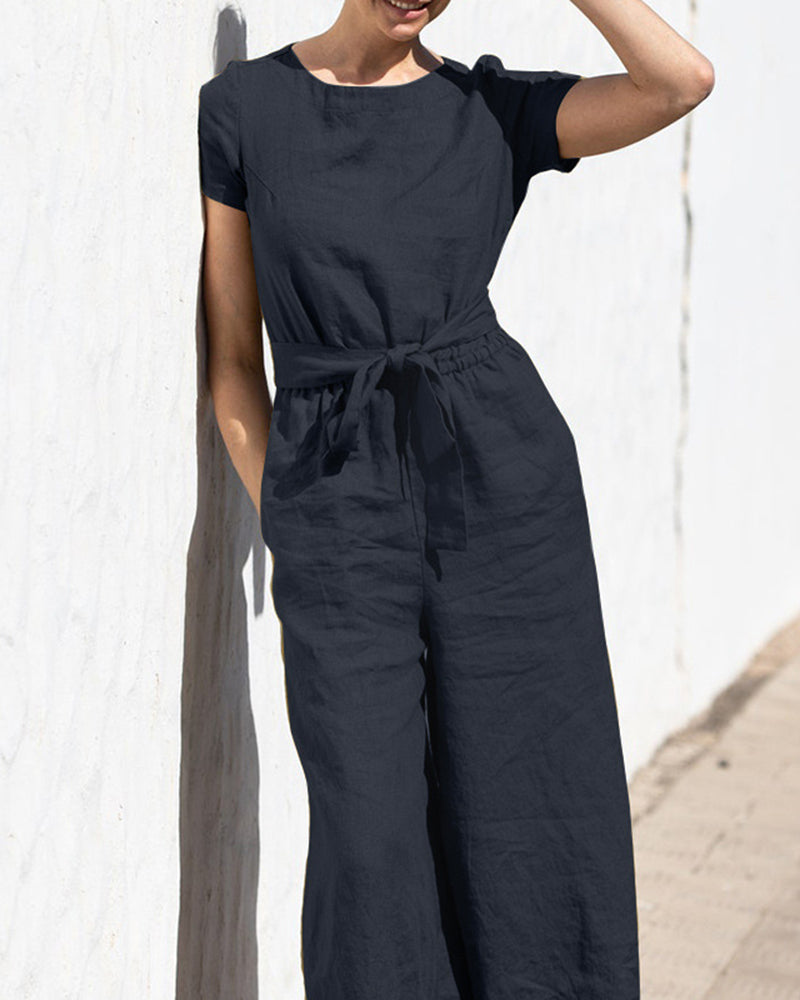 Relaxed Fit Cotton-Linen Wide Leg Jumpsuit with Short Sleeves and Round Neck