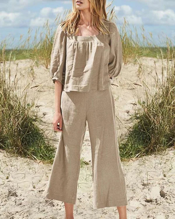 Solid Cotton-Linen Jumpsuit with Long Sleeves in Relaxed Fit