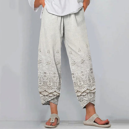 Linen Blend Cropped Pants with Cottage Floral Embroidery and Lace Trim