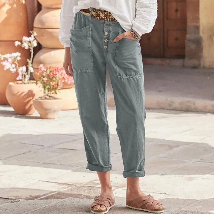 Winry - Comfortable and Stylish: Casual Cotton and Linen Pants with Decorative Buttons