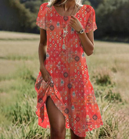 Alessia - Stylish Orange Midi Dress with Short Sleeves and Round Neckline