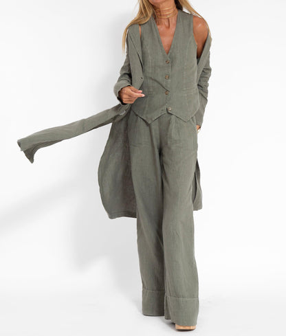 Chic Green Taupe Linen Overcoat for Women