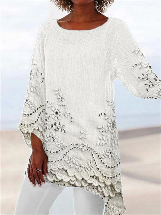 Charming Floral Lace Trimmed Linen Blend Flowy Tunic