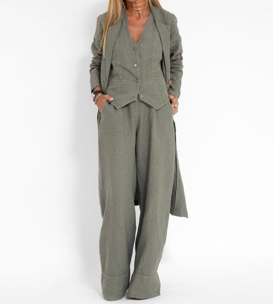 Chic Green Taupe Linen Overcoat for Women