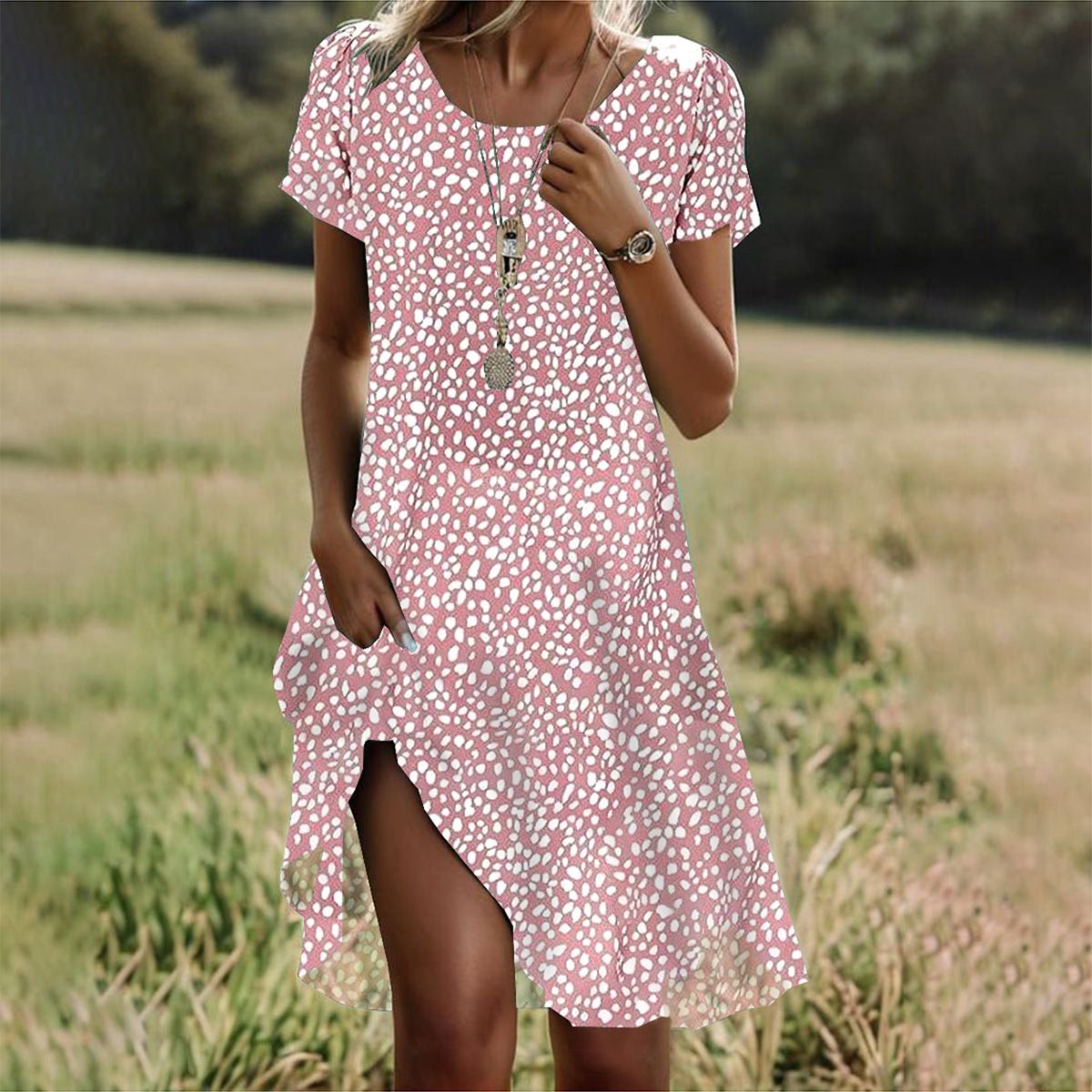 Lyra - Pink Mini Dress with Round Neckline and Short Sleeves