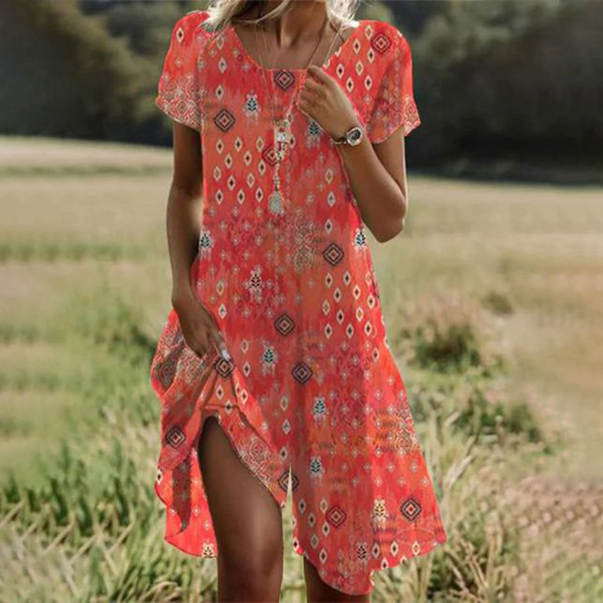 Portienne - Vibrant Orange Short Sleeve Jumpsuit with Round Neck