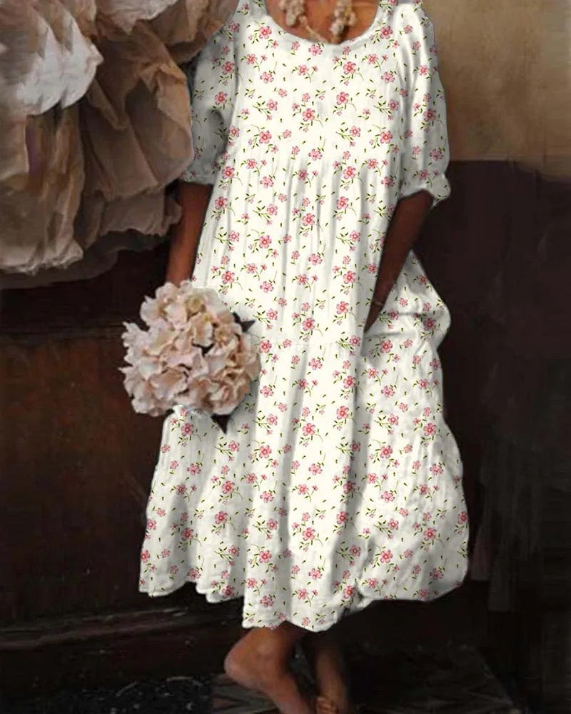 Elegant Floral Midi Dress with Short Sleeves in Palace Style