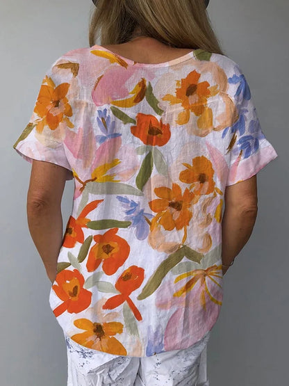 Vintage-Inspired Floral V-Neck Cotton and Linen Top for Women