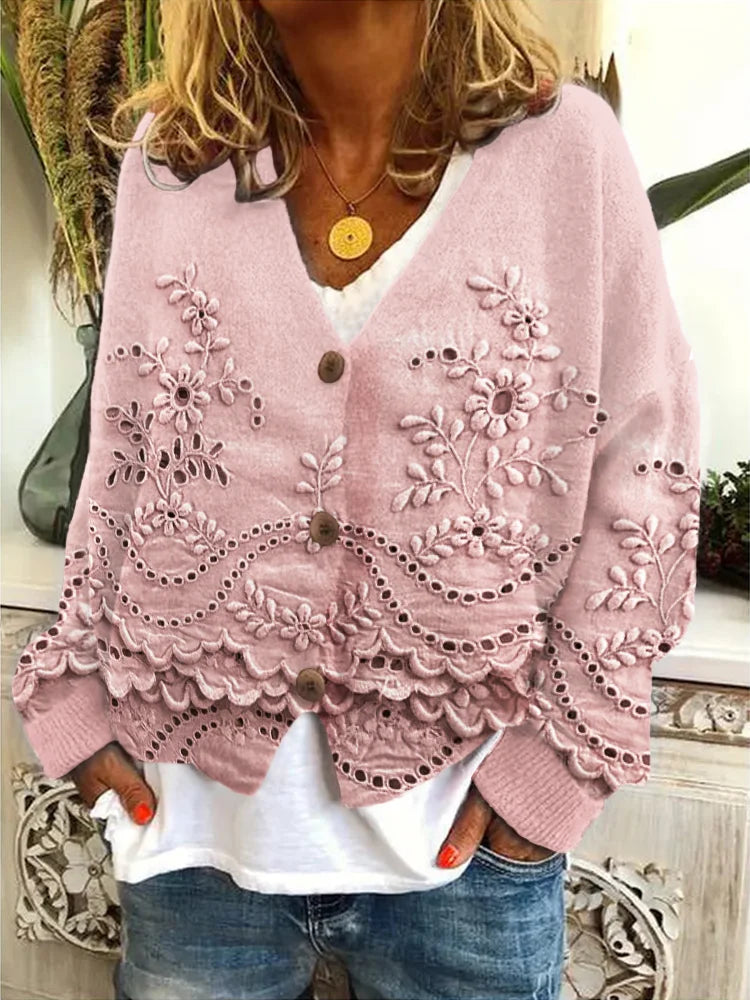 Retro Floral Lace V Neck Warm Cardigan