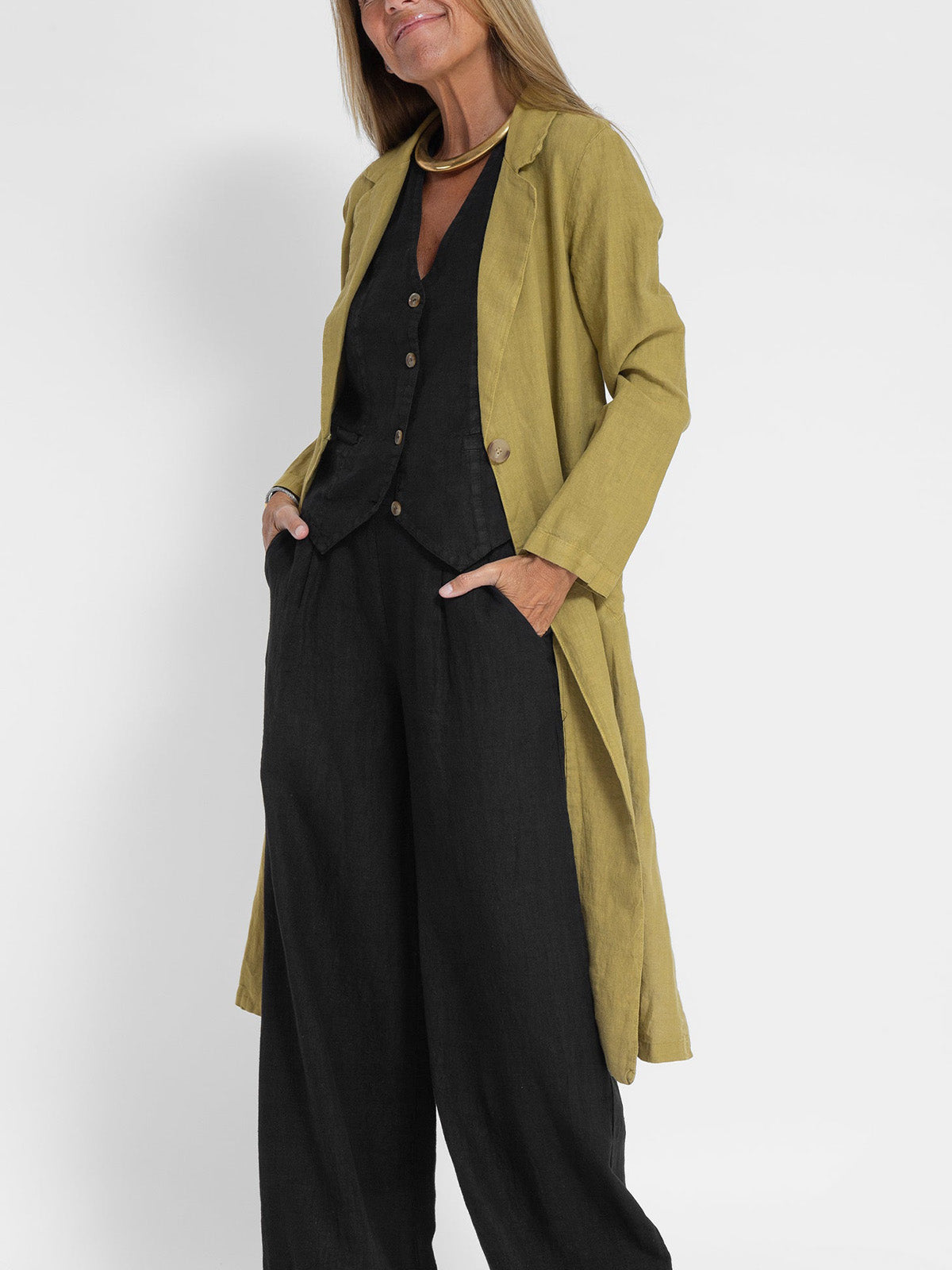 Chic Olive Green Linen Frock Coat for Women