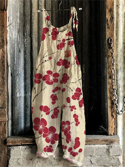 Sakura Serenity® - Japanese Linocut-Inspired Jumpsuit with Cherry Blossom Design