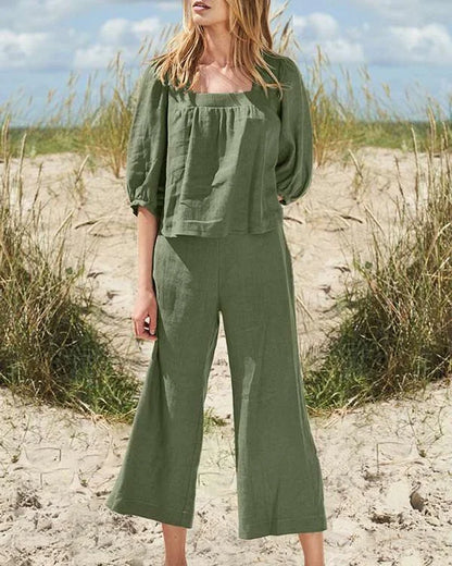 Solid Cotton-Linen Jumpsuit with Long Sleeves in Relaxed Fit