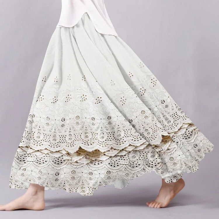 Linen Blend Flowy Skirt with Cottage Floral Embroidery and Lace Hem