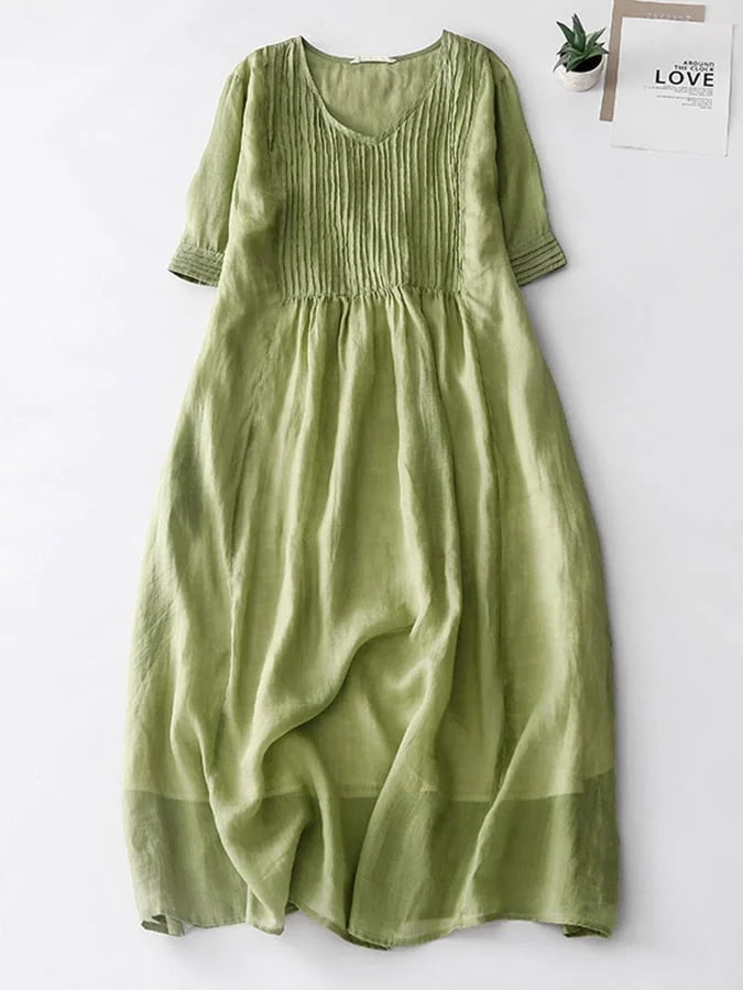 Chic A-Line V Neck Cotton Linen Dress with Pleats