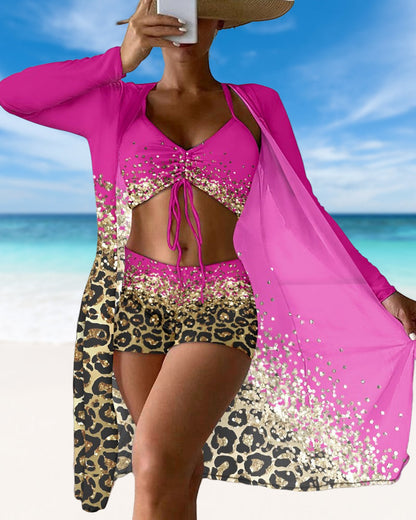 Niara - Ombre Leopard Print Three-Piece Swimsuit Set