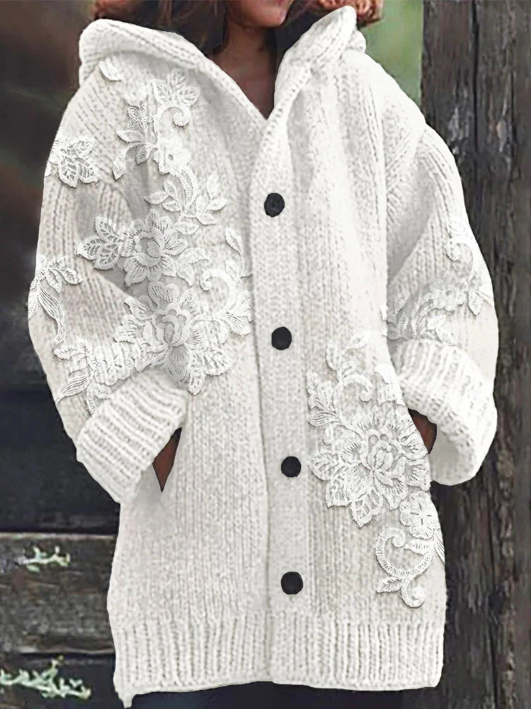 Retro Floral Lace Knit Hooded Cardigan with Embroidery