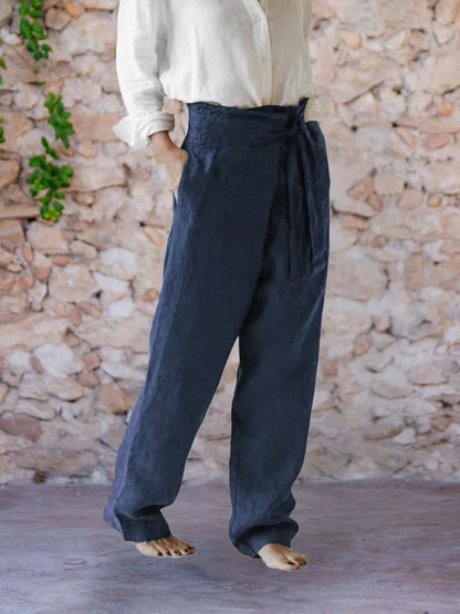 Linen Blend Casual Wide Leg Trousers