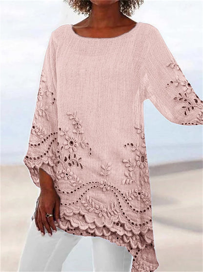 Charming Floral Lace Trimmed Linen Blend Flowy Tunic