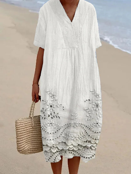 Linen Blend Flowy Dress with Cottage Floral Embroidery and Lace Hem