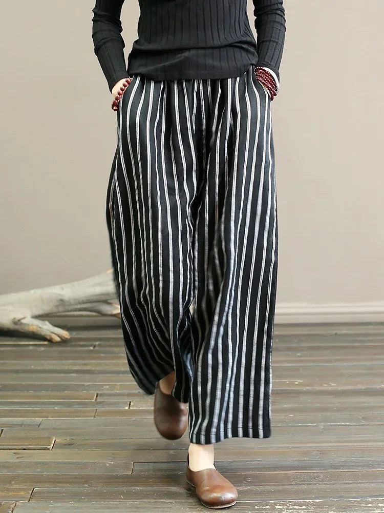 Vintage Striped Wide Leg Casual Trousers