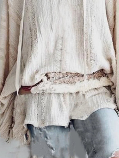 Laid-Back Fringed V-Neck Hooded Long Sleeve Top