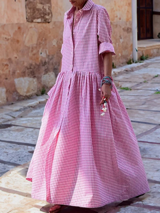 Emilia | Cotton-Linen Checked Dress with Long Sleeves