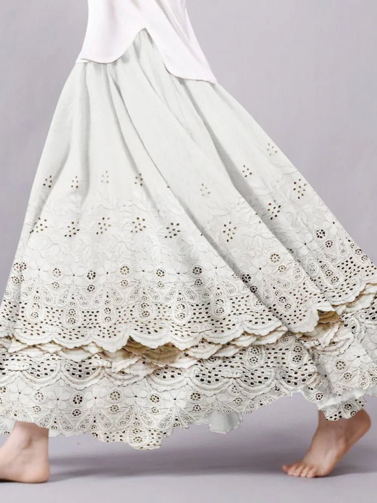 Linen Blend Flowy Skirt with Cottage Floral Embroidery and Lace Hem