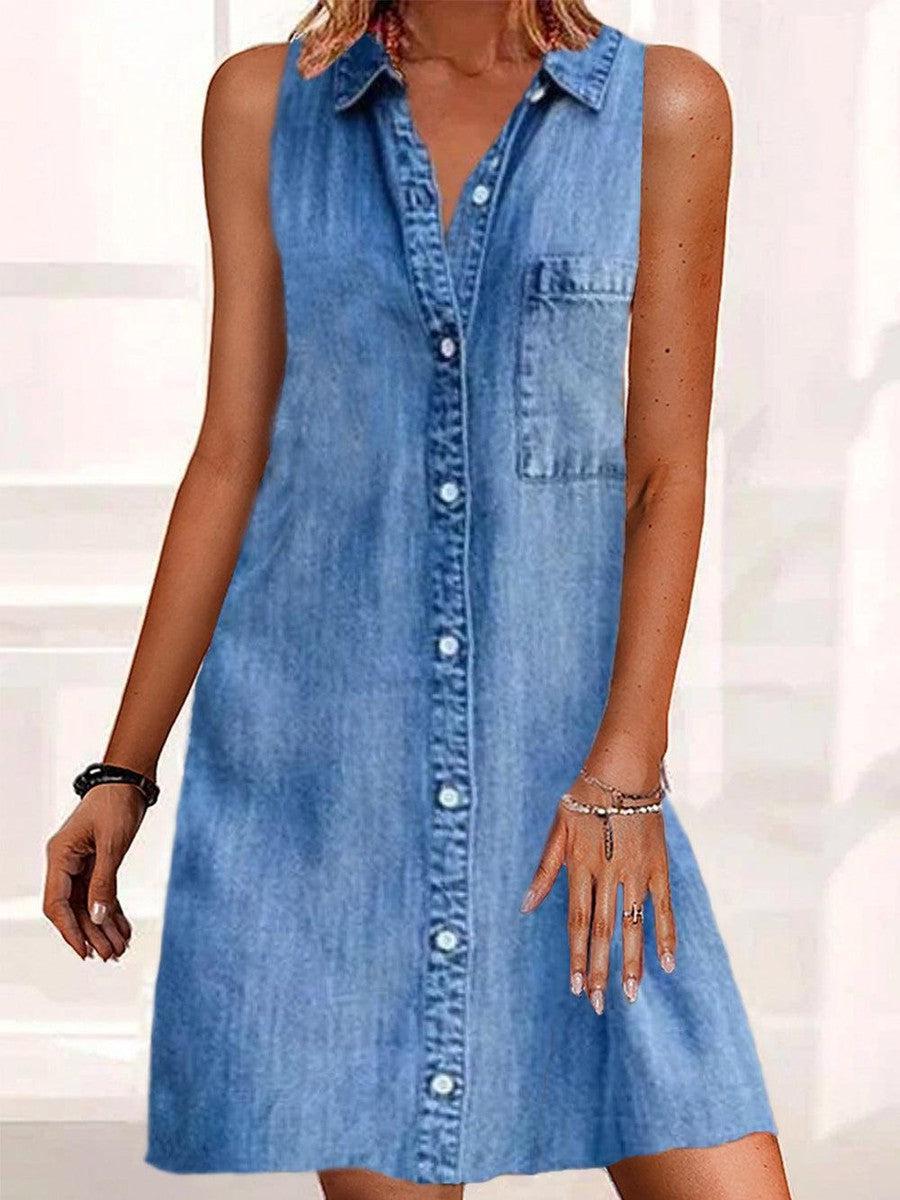 Keilani - Prana Sleeveless Denim Mini Dress with Front Buttons