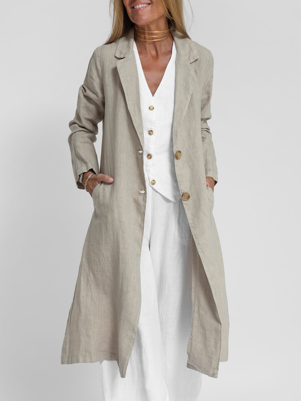 Chic Olive Green Linen Frock Coat for Women