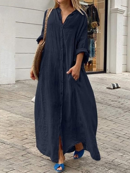 Elegant Casual Long Sleeve Maxi Dress with Pockets and Button Detail