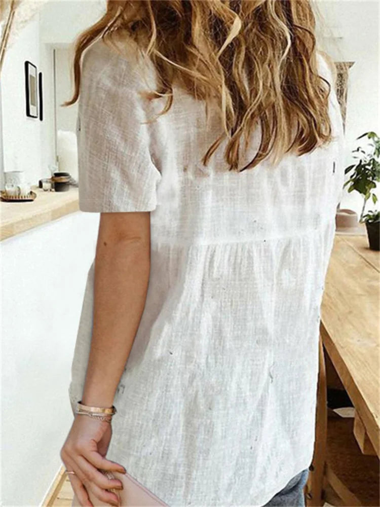 Chic Short Sleeve Cotton Blend Blouse