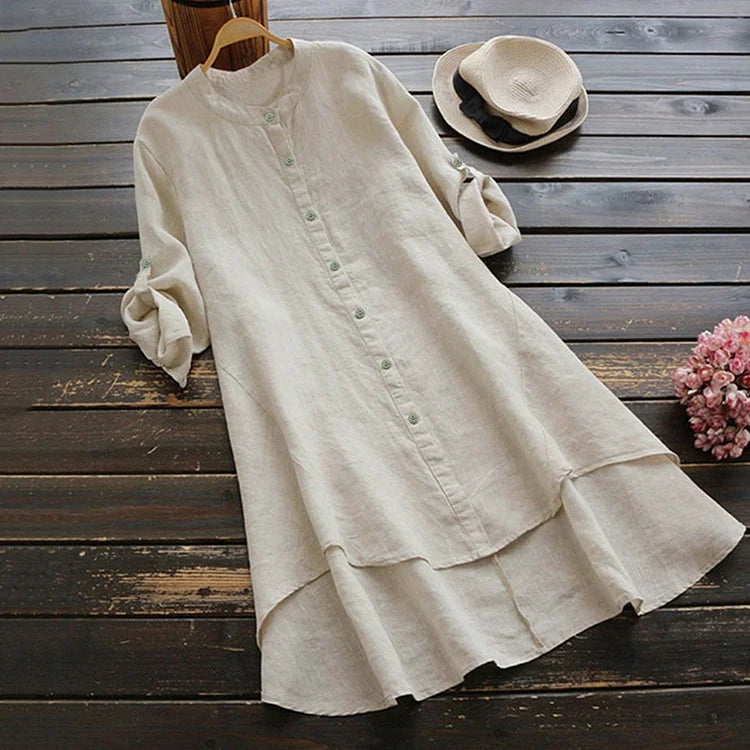 Retro Inspired Button-Up Cotton Linen Midi Dress