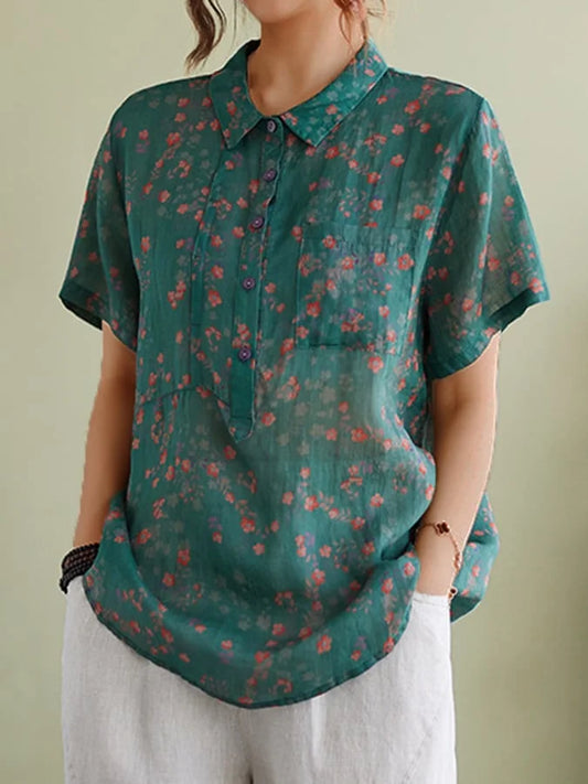 Paige - Vintage Floral Short Sleeve Casual Shirt in Cotton and Linen