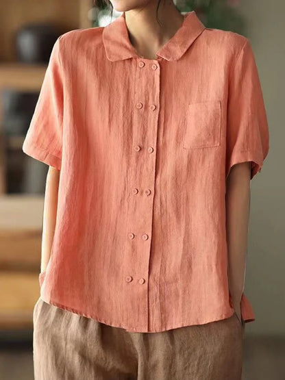 Casual Cotton Linen Shirt with Loose Fit and Doll Collar in Solid Colors