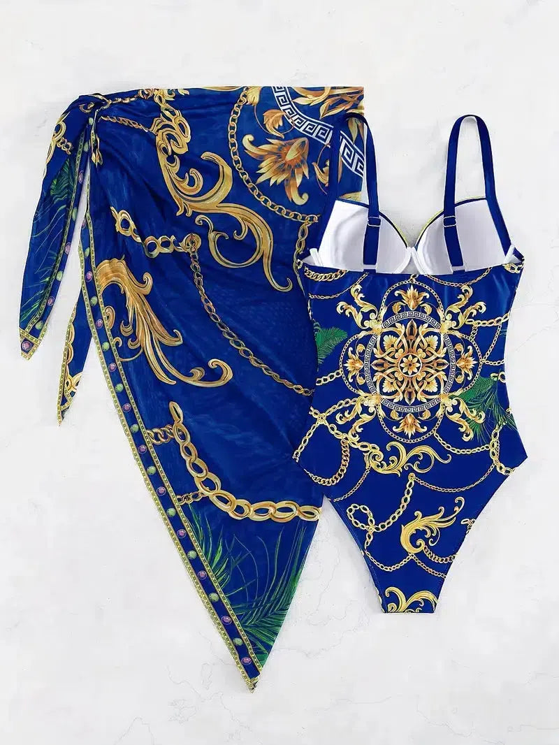 Hontiveros - Elegant Sleeveless Blue Printed Swimsuit