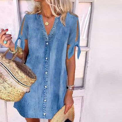 Cherith - Chambray Mini Dress with V-Neck, Button Front, and Split Sleeves