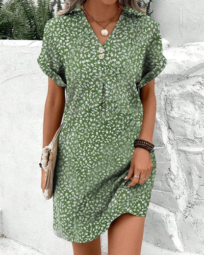 Emmaline - Green Mini Dress with Short Sleeves and V-Neck