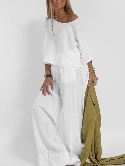 Chic Linen Elbow Sleeve Coordinating Set for Women - Effortless Casual Comfort