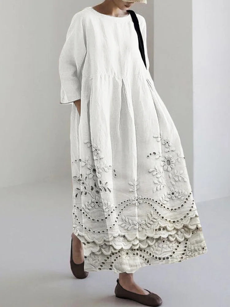 Floral Embroidered Lace Trim Ankle-Length Linen Maxi Dress