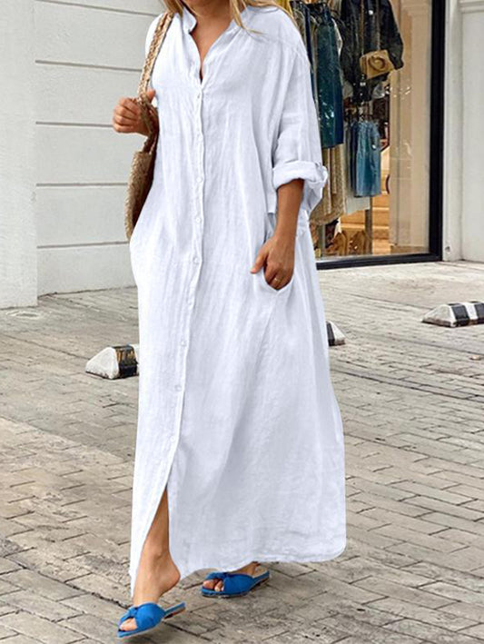 Elegant Casual Long Sleeve Maxi Dress with Pockets and Button Detail